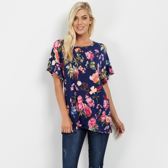 Pinkblush Tops - Pinkblush Navy Floral Ruffle Sleeve Top L